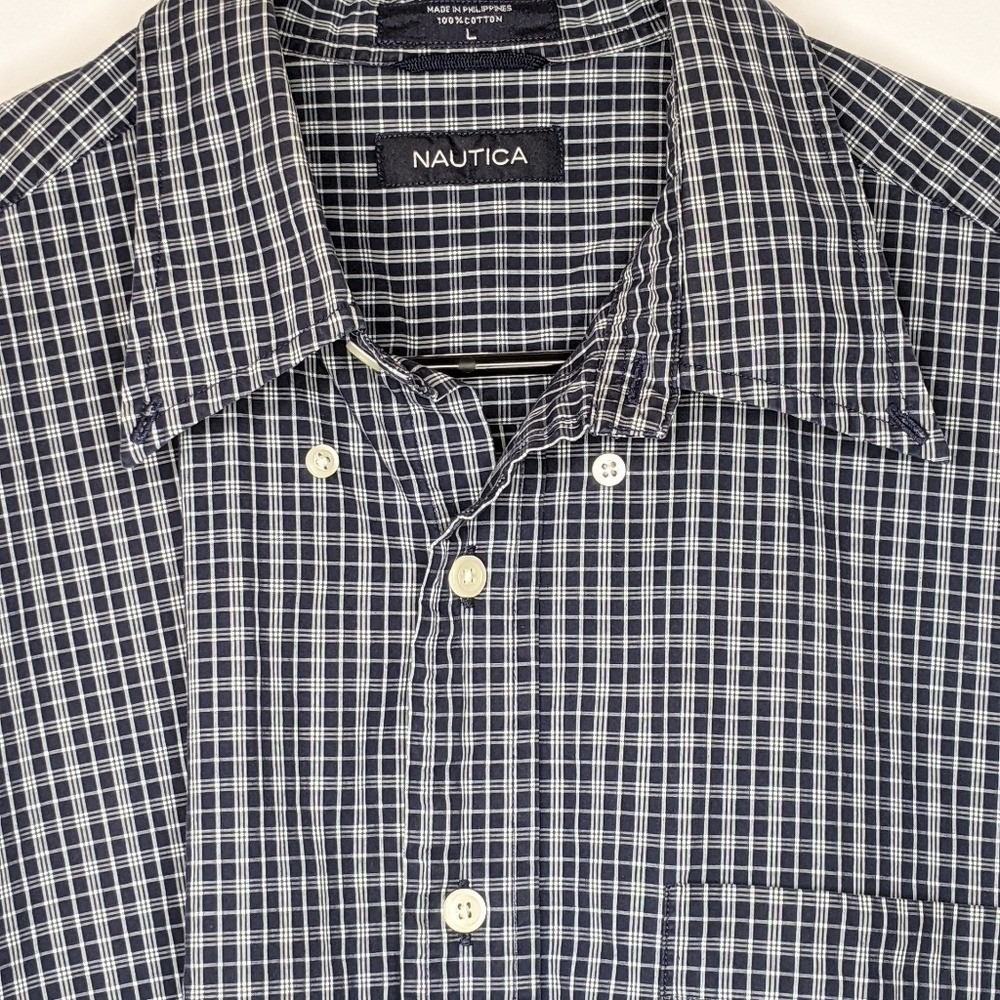 Nautica Mens Blue White Plaid Check Short Sleeve Button Down Shirt Large L - Picture 4 of 11